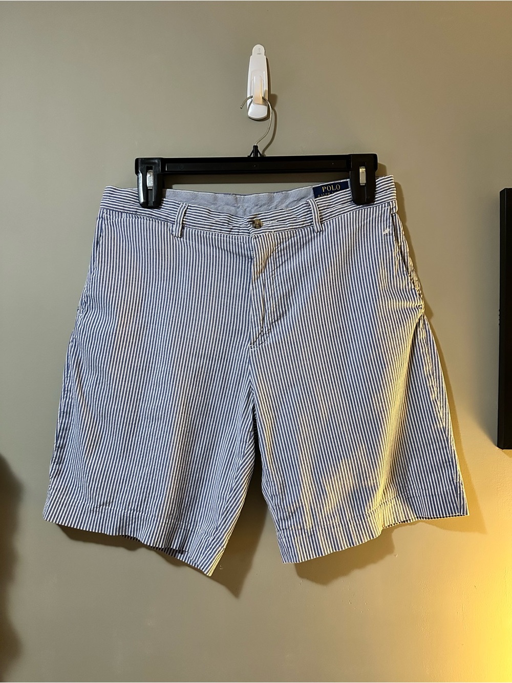 Polo by Ralph Lauren Blue and White Seersucker Flat-Front Shorts